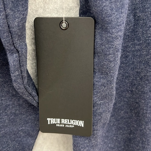 True Religion Mens Size Large Pullover Hoodie Blue TR Repeat Slant Logo Y2K NWT - Picture 11 of 11